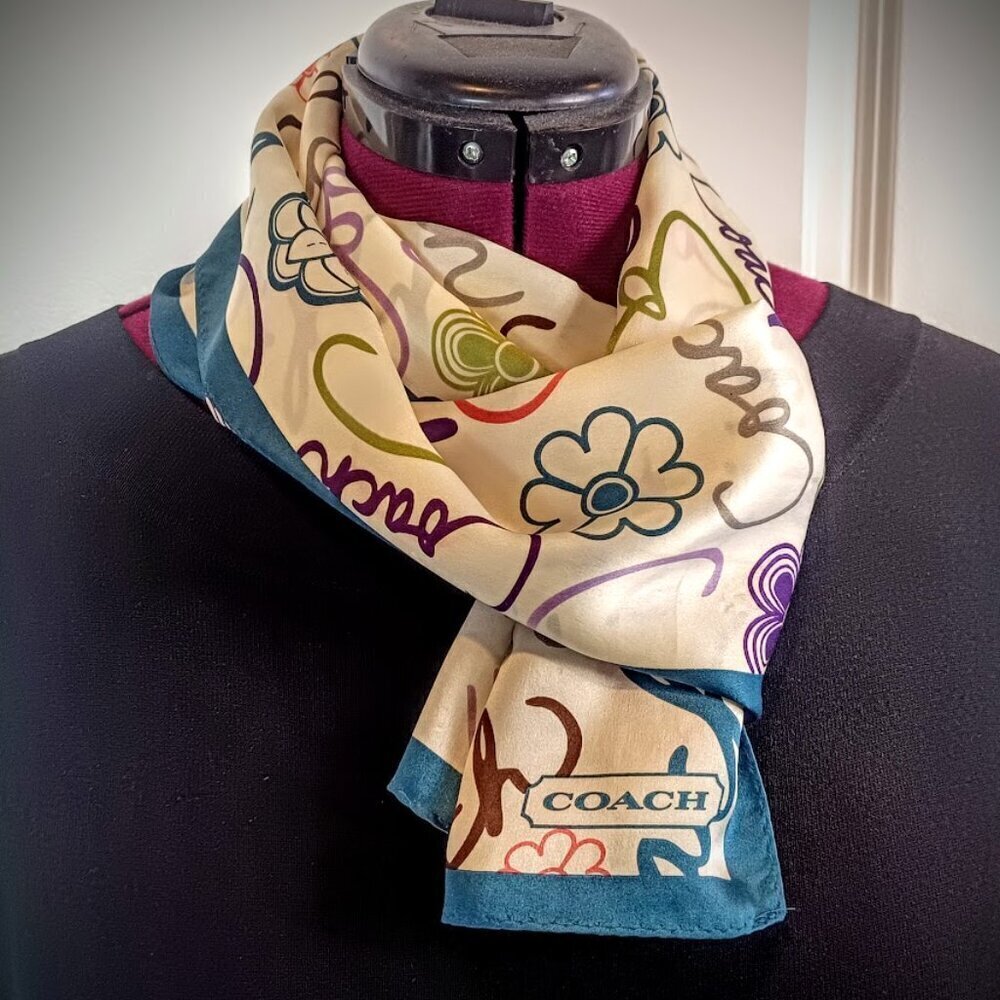 Coach Teal Border Signature Print Silk Oblong Scarf - Picture 3 of 7